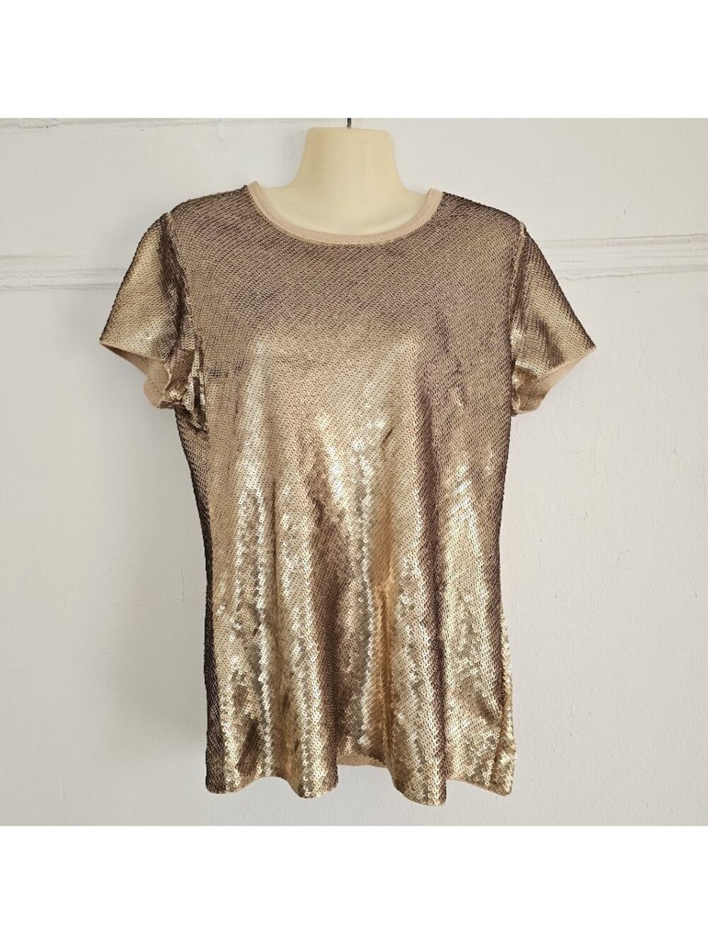MICHAEL MICHAEL KORS Women's Crew Sequin T-Shirt, Golden, Large, Top Blouse